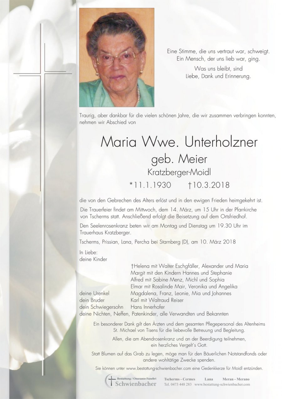 Parte: Maria Wwe. Unterholzner geb. Meier