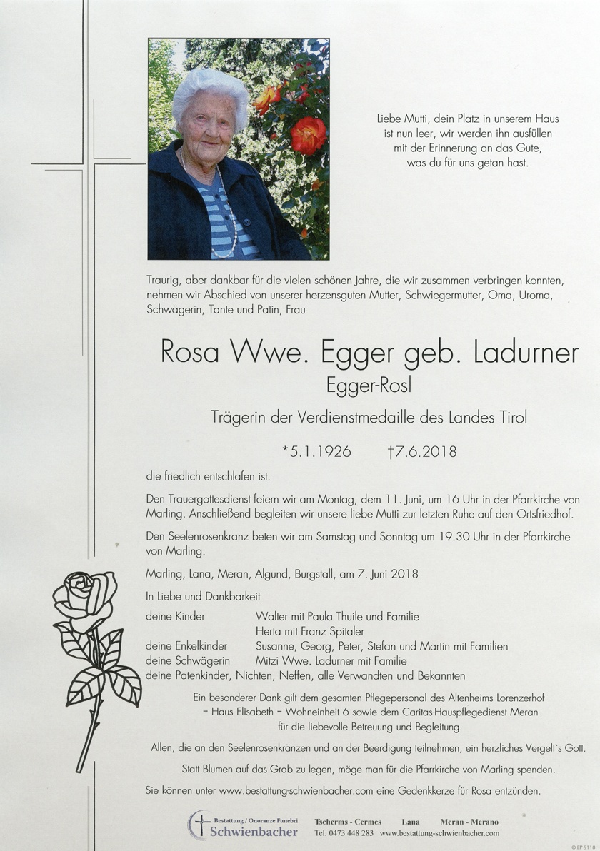 Parte: Rosa Wwe. Egger geb. Ladurner 