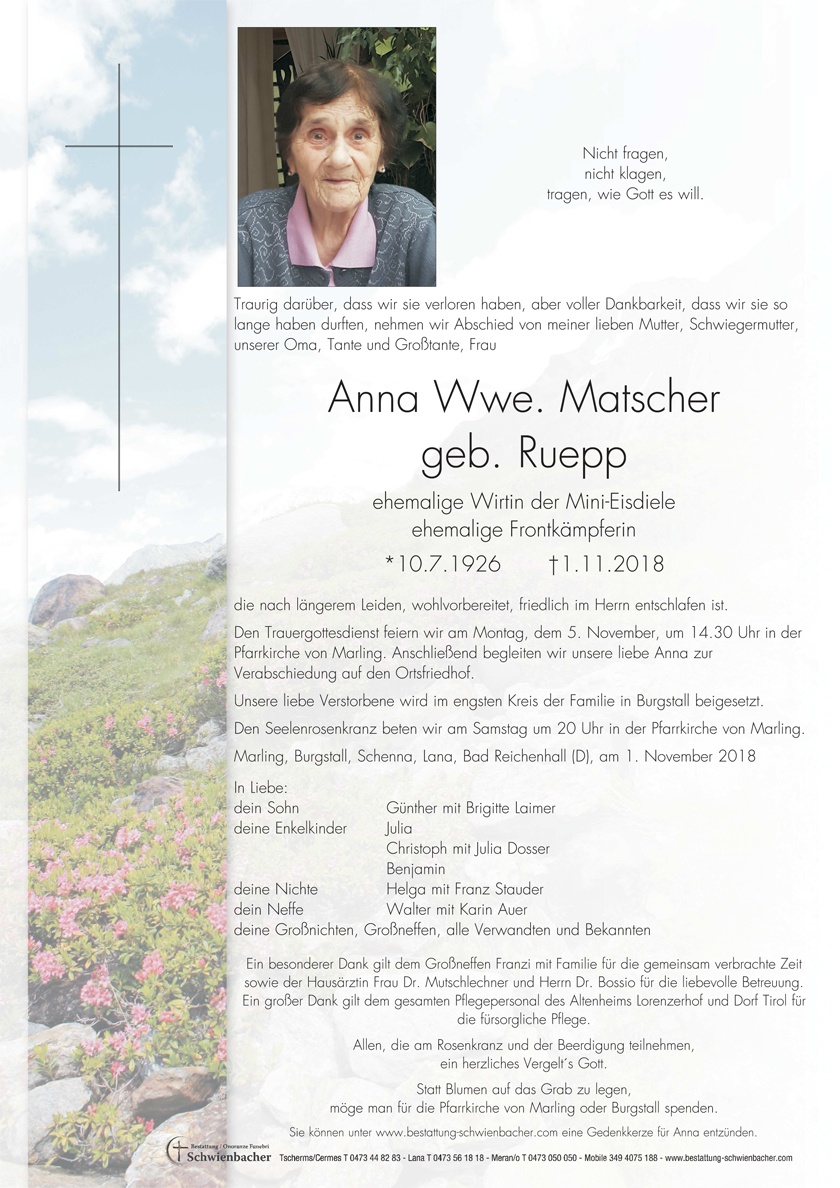 Parte: Anna Wwe. Matscher geb. Ruepp 