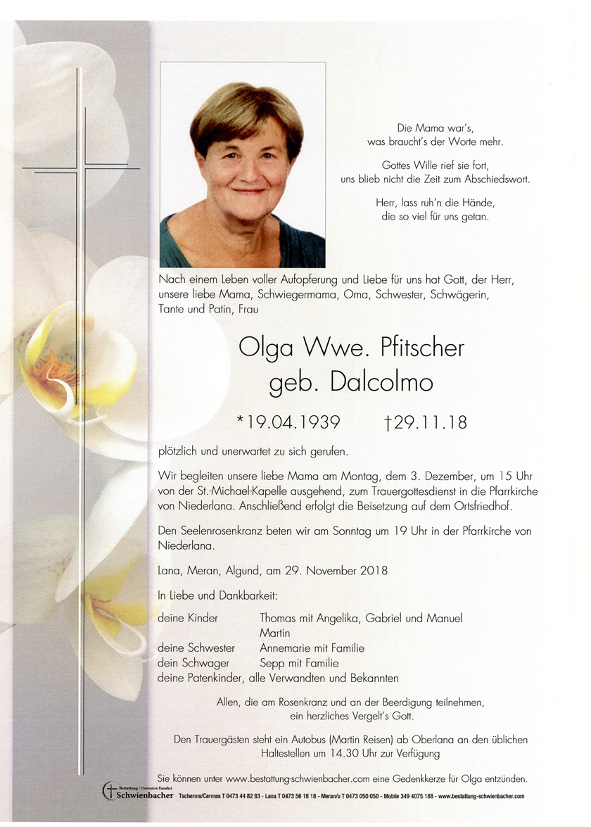 Parte: Olga Wwe. Pfitscher geb. Dalcolmo 