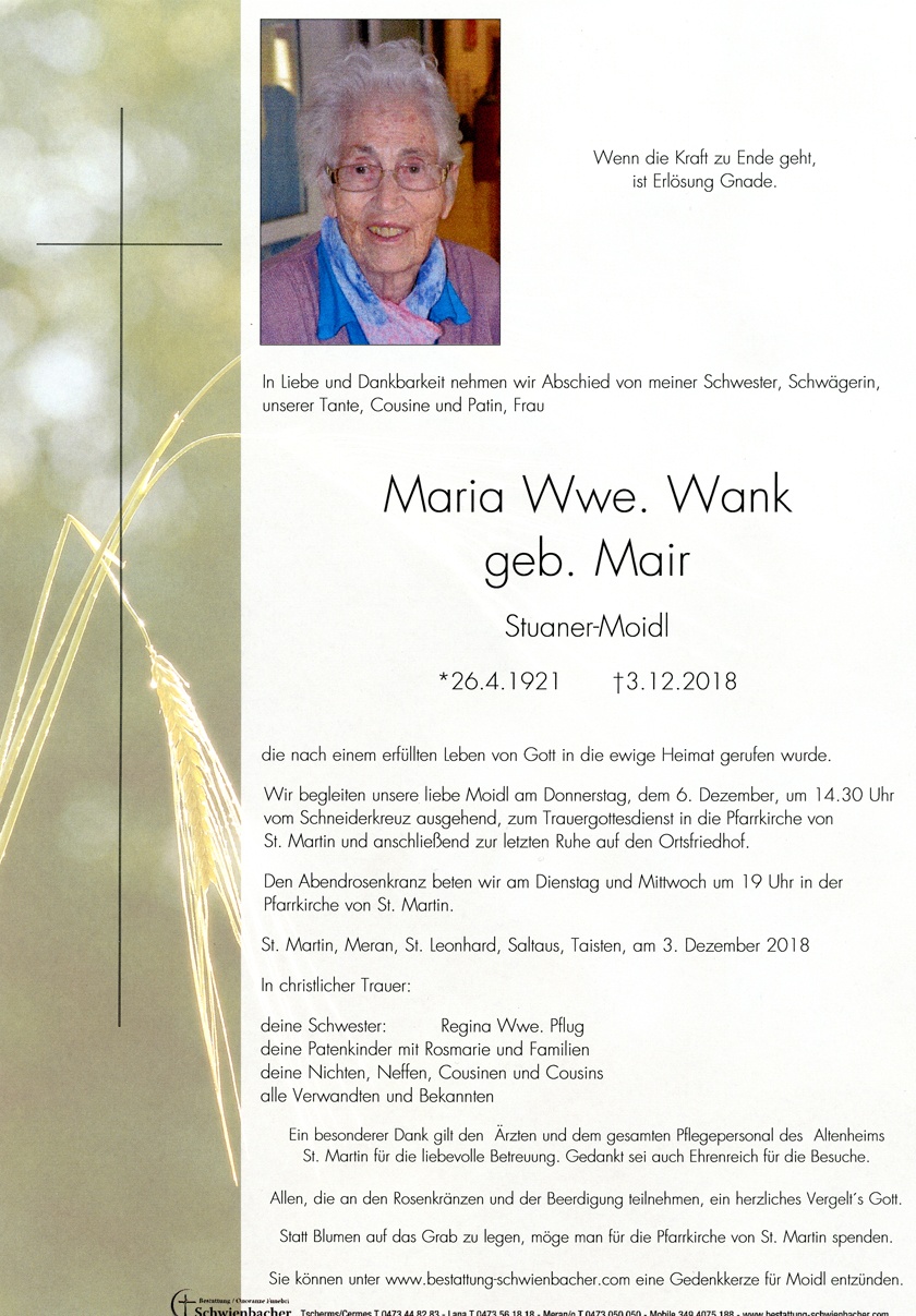 Parte: Maria Wwe. Wank geb. Mair 