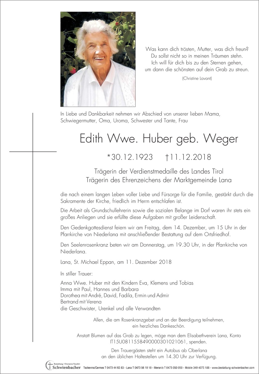 Parte: Edith Wwe. Huber geb. Weger 