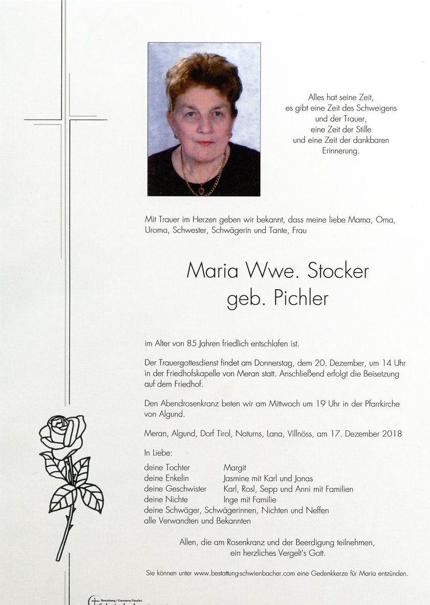 Parte: Maria Wwe. Stocker geb. Pichler 