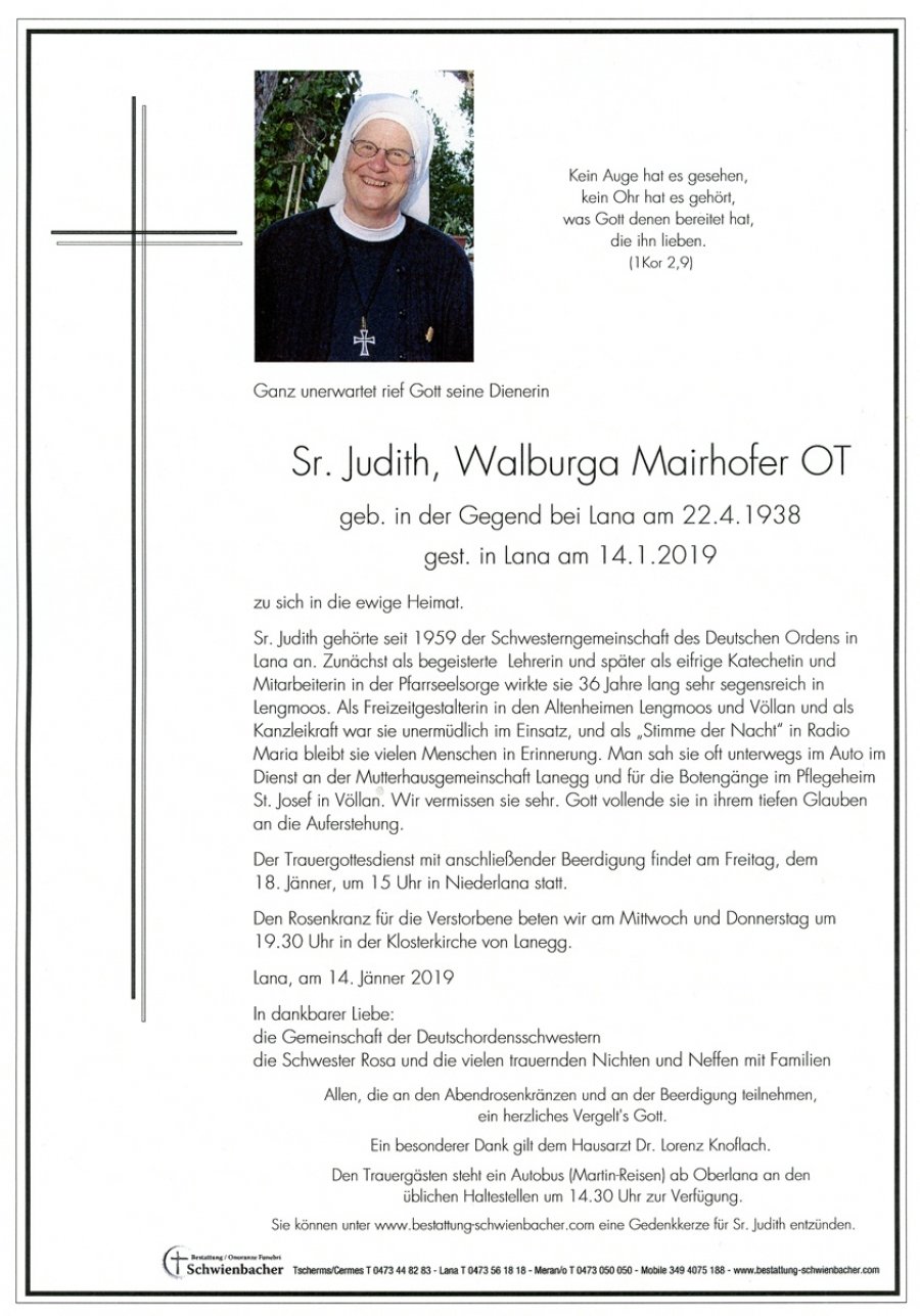Parte: Sr. Judith, Walburga Mairhofer OT