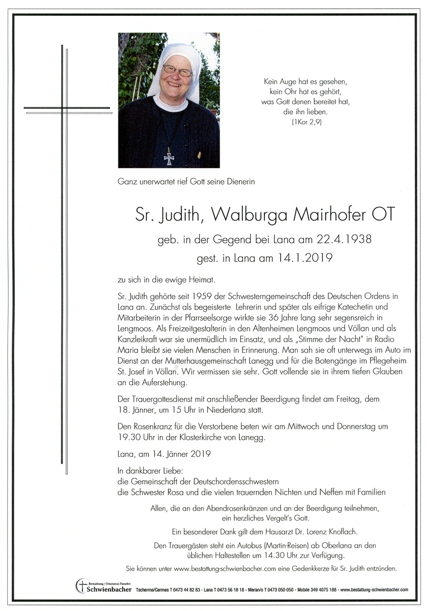 Parte: Sr. Judith, Walburga Mairhofer OT 