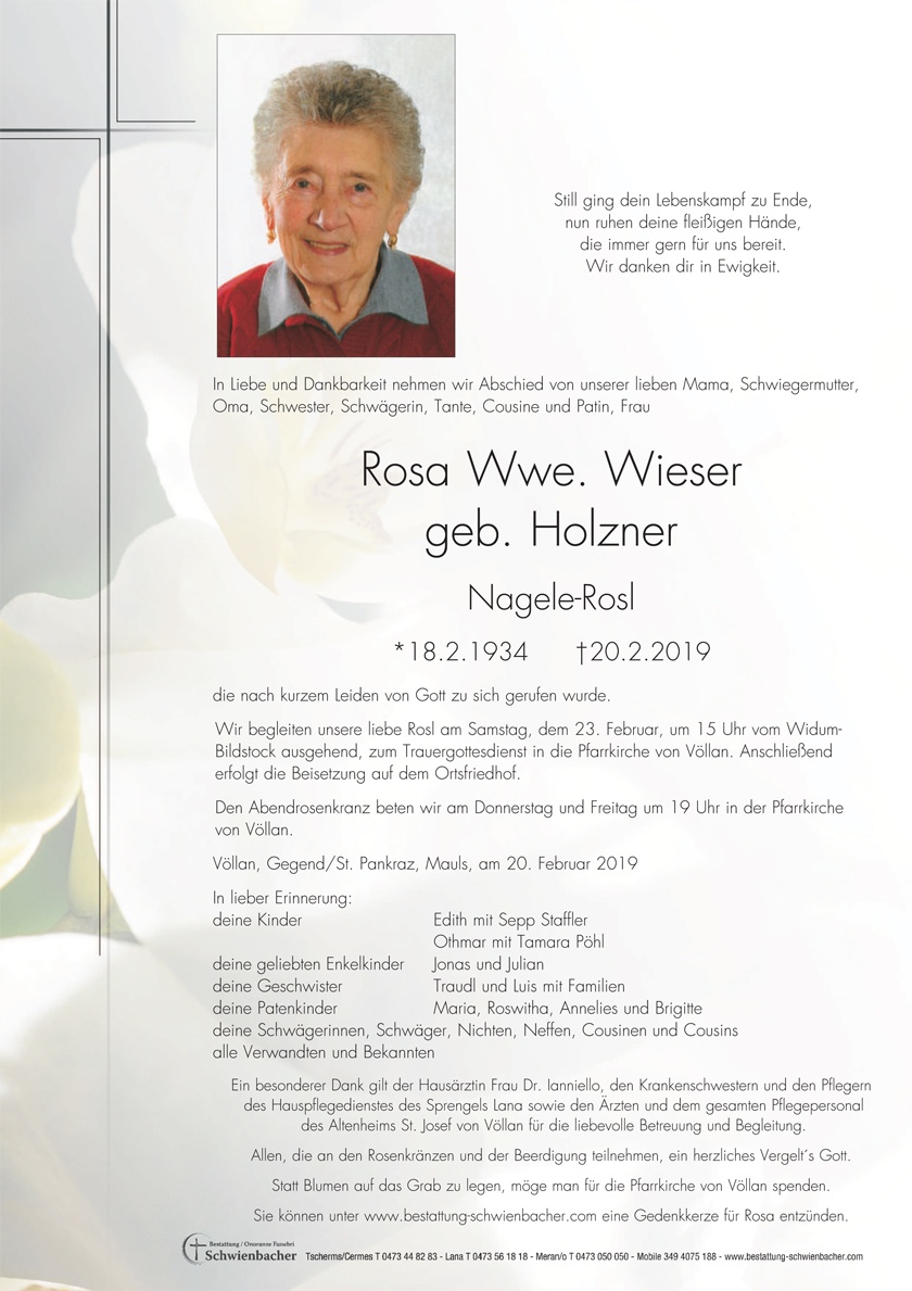 Parte: Rosa Wwe. Wieser geb. Holzner 