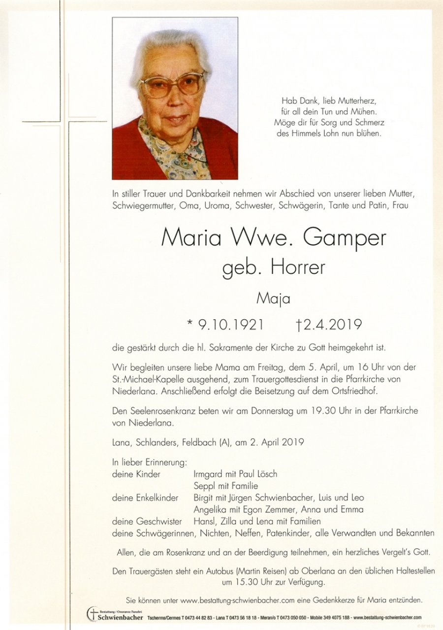 Parte: Maria Wwe. Gamper geb. Horrer