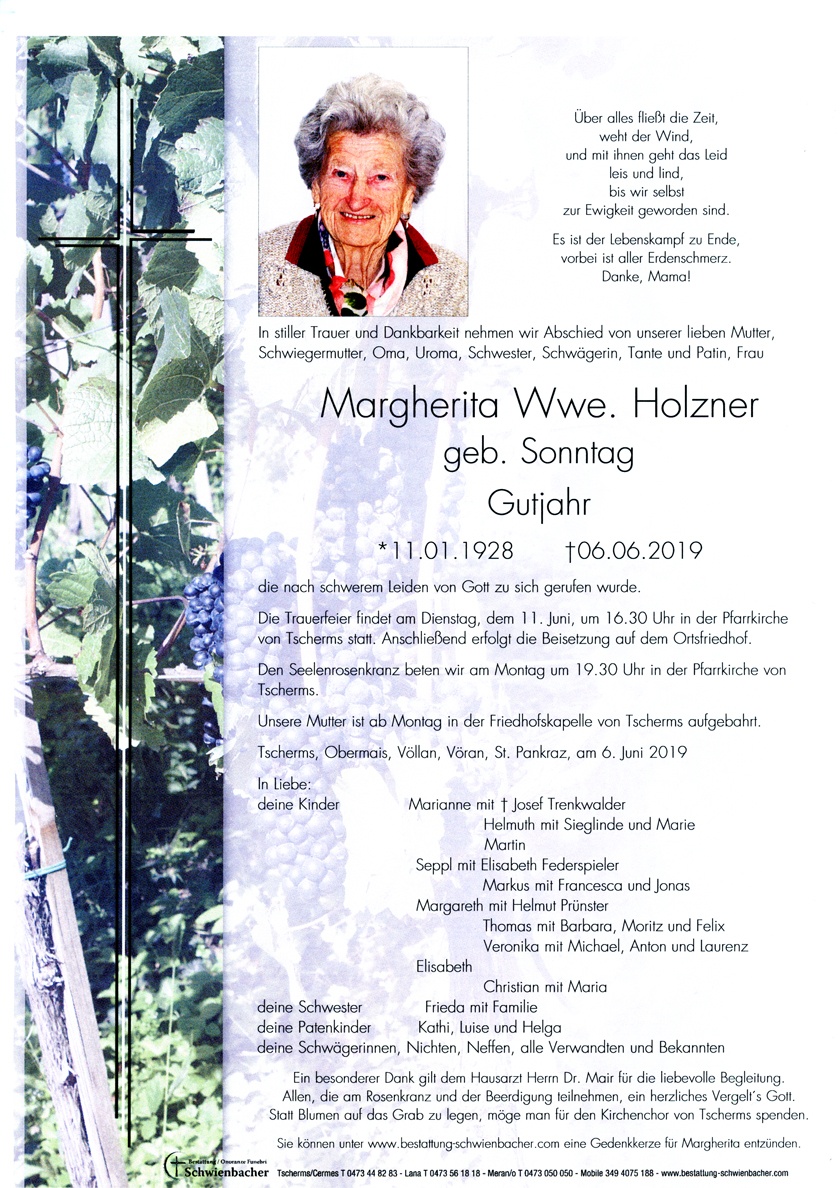 Parte: Margherita Wwe. Holzner geb. Sonntag 