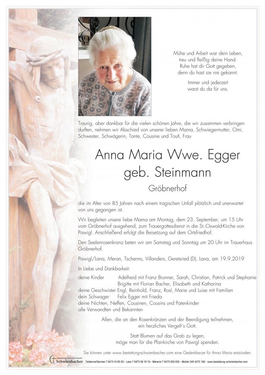 Parte: Anna Maria Wwe. Egger geb. Steinmann