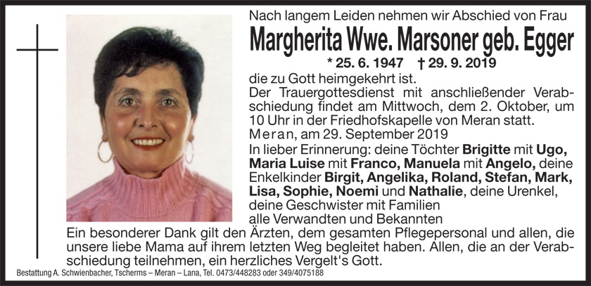 Medien: Margherita Wwe. Marsoner geb. Egger