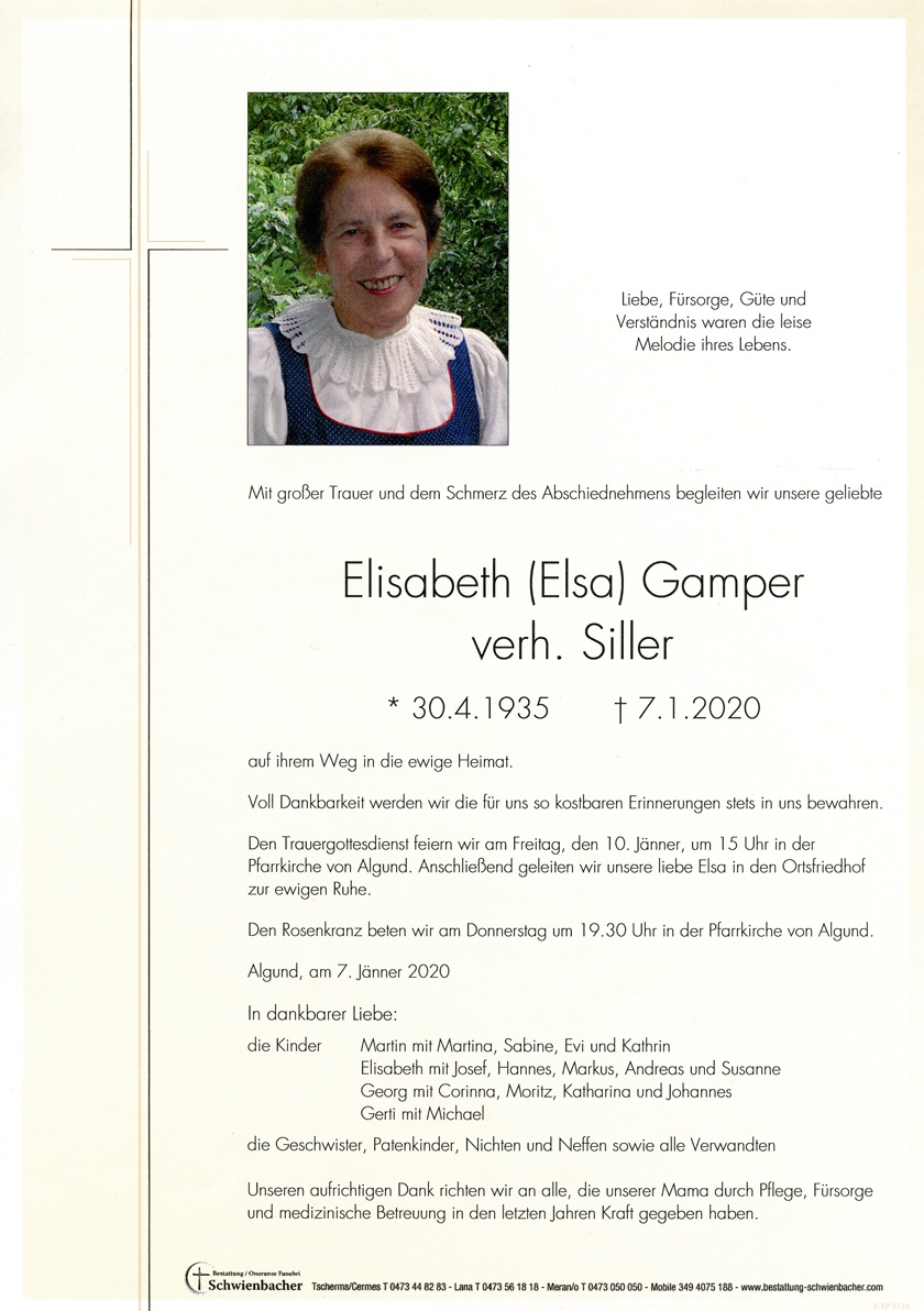 Parte: Elisabeth (Elsa) Gamper verh. Siller 