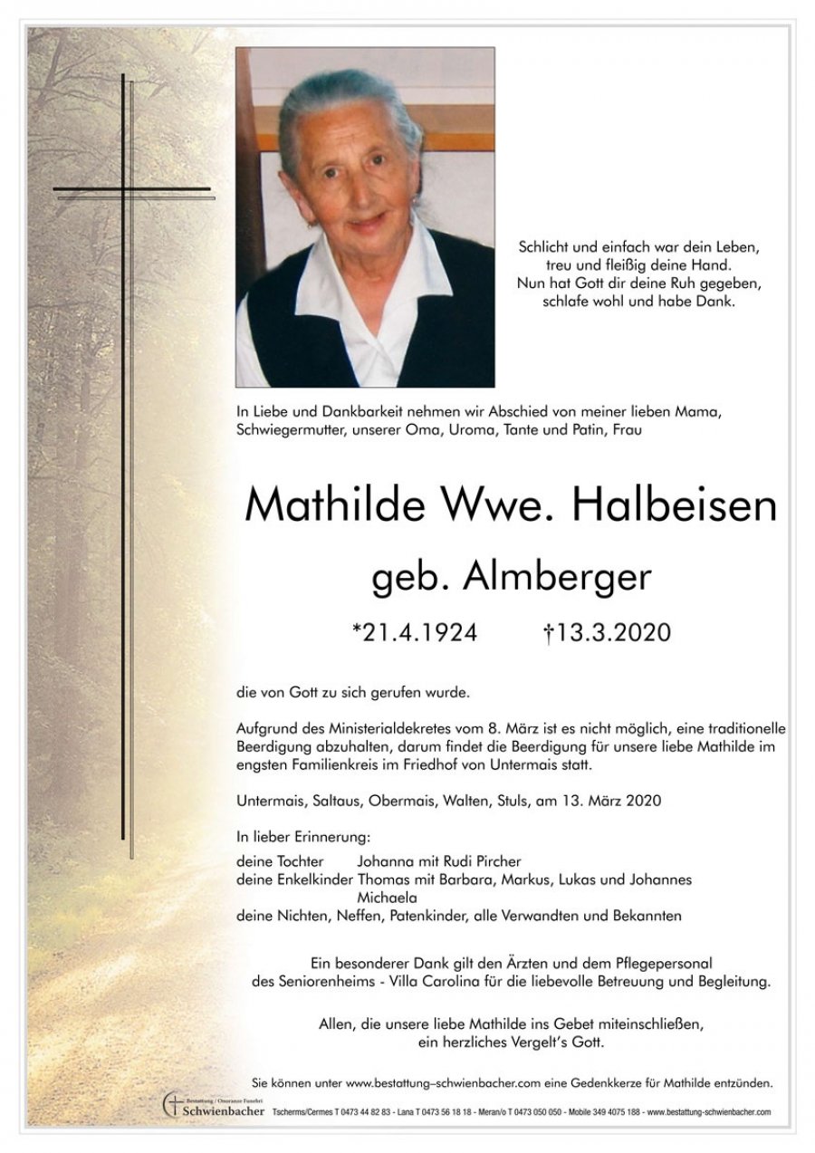 Parte: Mathilde Wwe. Halbeisen geb. Almberger