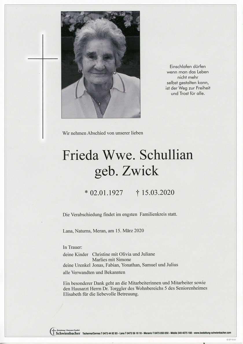Parte: Frieda Wwe. Schullian geb. Zwick 