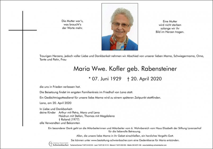 Parte: Maria Wwe. Kofler geb. Rabensteiner