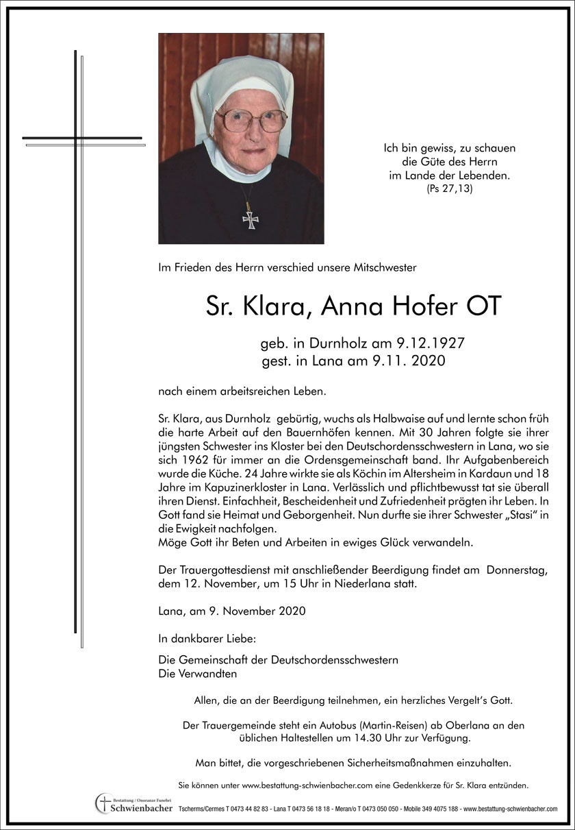 Parte: Sr. Klara, Anna Hofer OT 