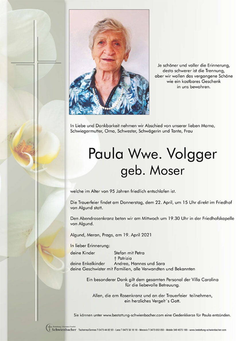 Parte: Paula Wwe. Volgger geb. Moser 