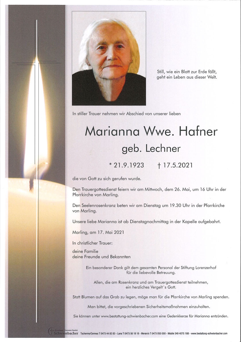 Parte: Marianna Wwe. Hafner geb. Lechner 