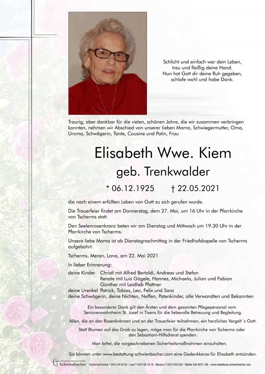 Parte: Elisabeth Wwe. Kiem geb. Trenkwalder