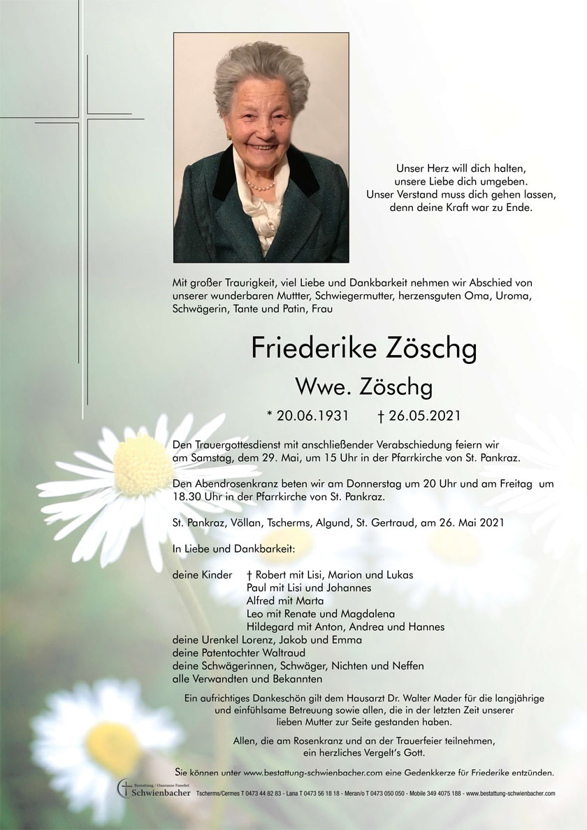 Parte: Friederike Wwe. Zöschg geb. Zöschg 