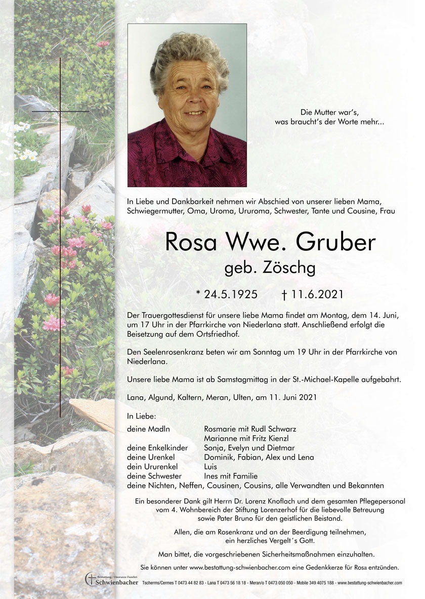 Parte: Rosa Wwe. Gruber geb. Zöschg 
