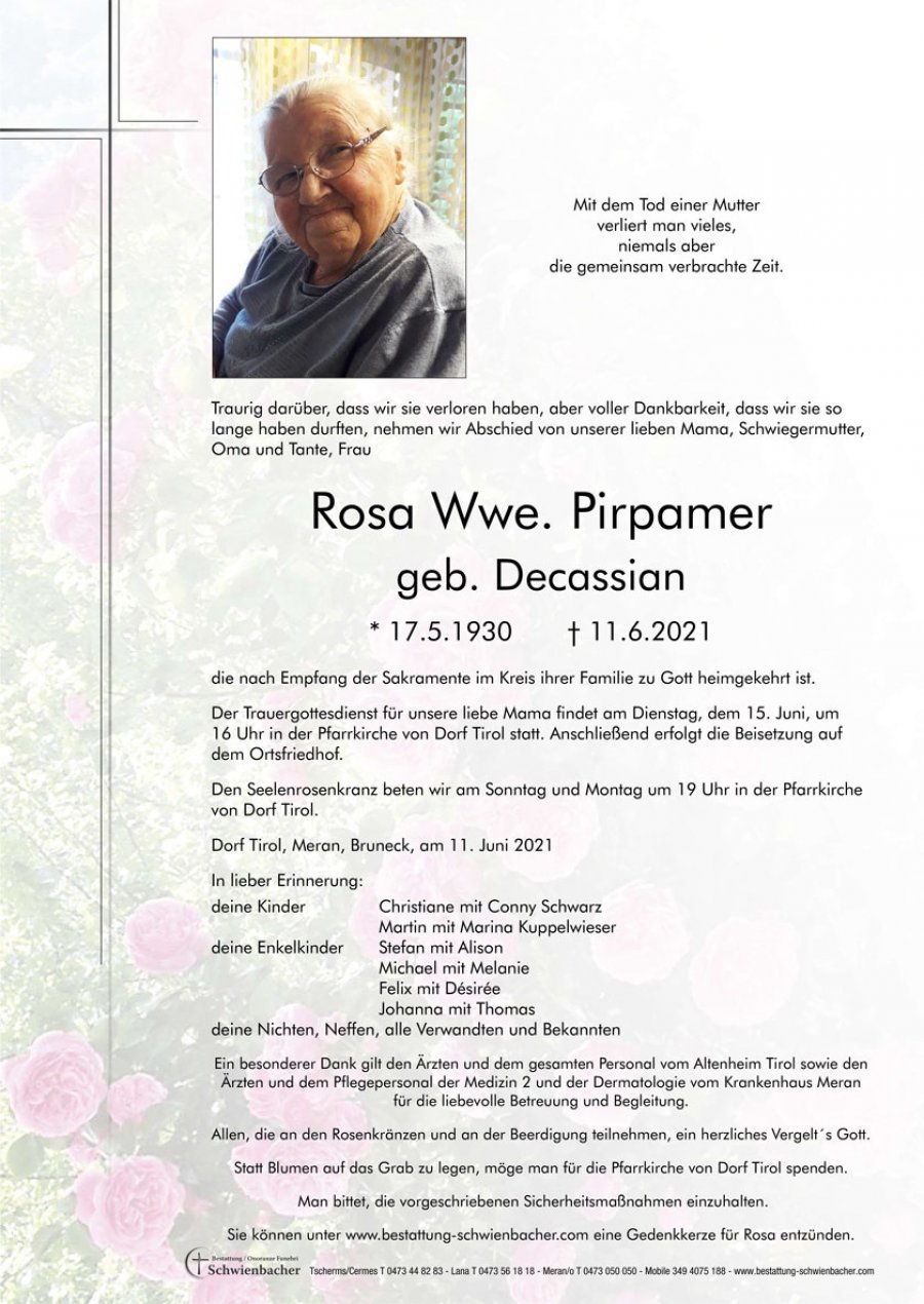 Parte: Rosa Wwe. Pirpamer geb. Decassian