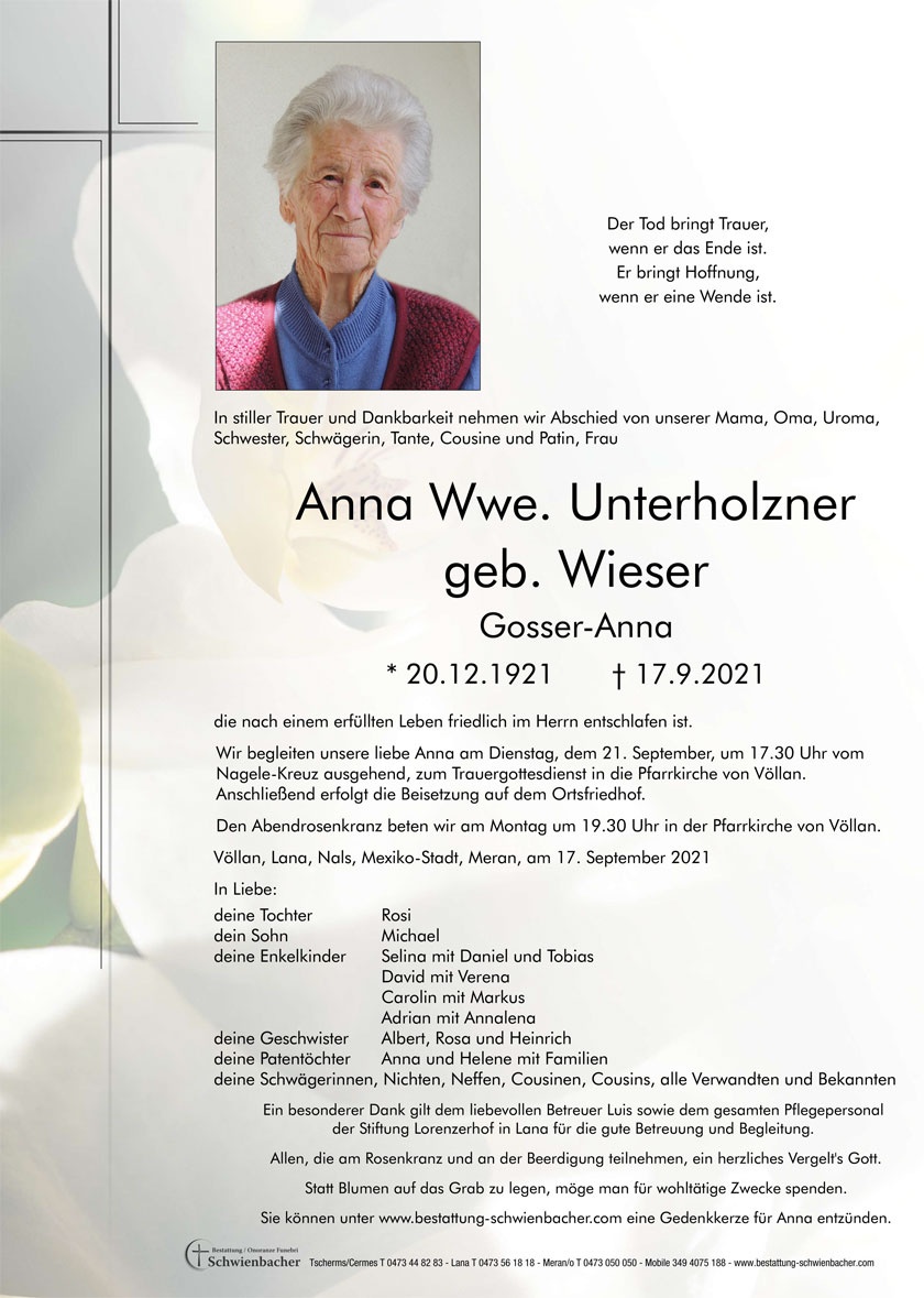 Parte: Anna Wwe. Unterholzner geb. Wieser