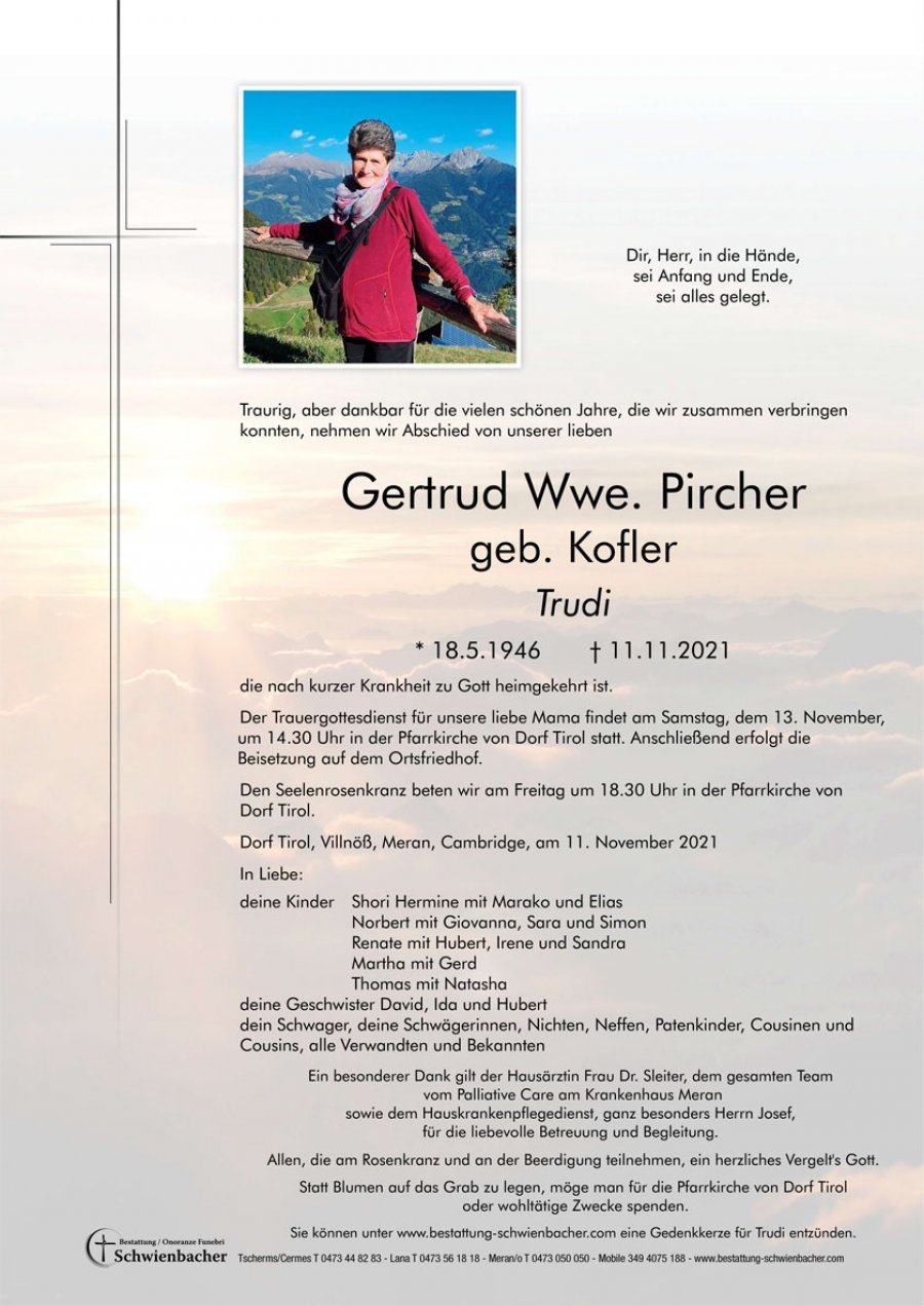 Parte: Gertrud Wwe. Pircher geb. Kofler