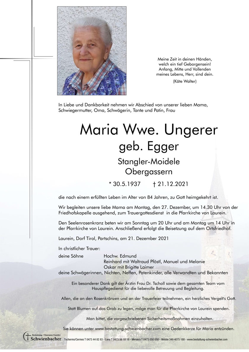 Parte: Maria Wwe. Ungerer geb. Egger 