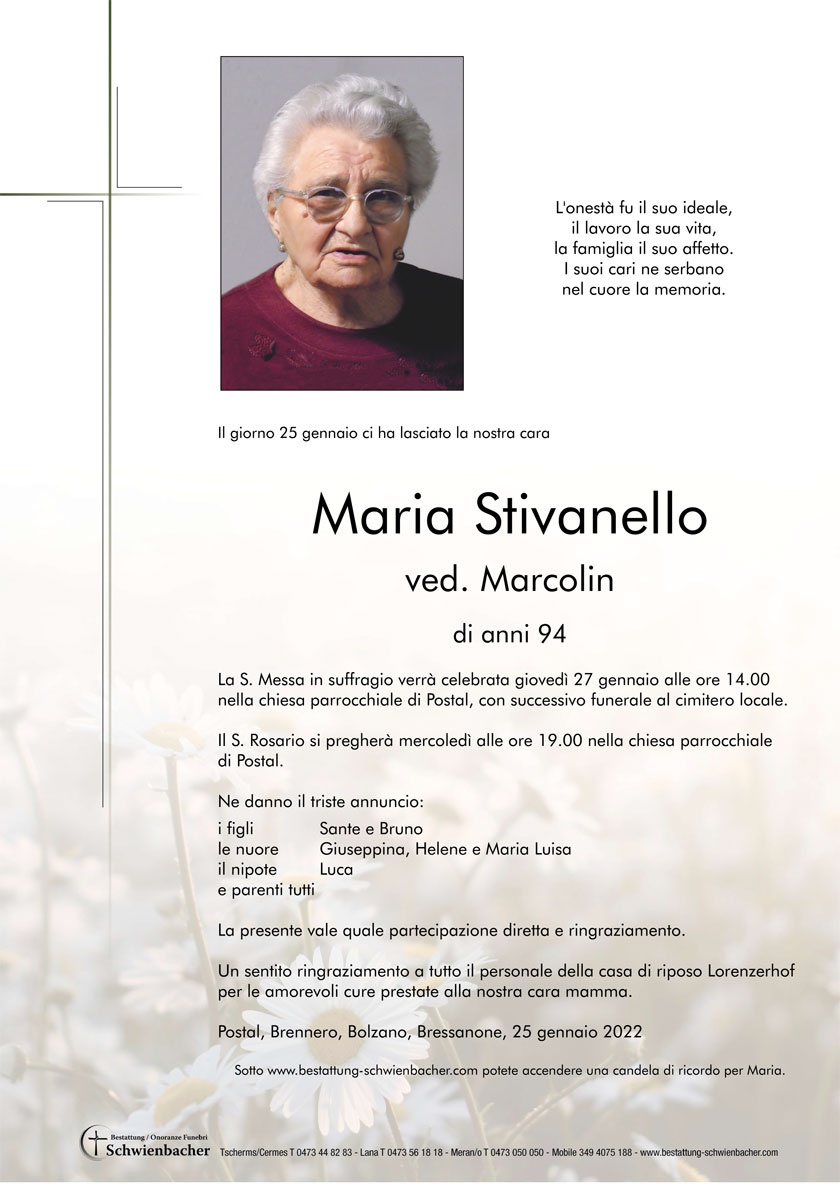Parte: Maria Stivanello ved. Marcolin 