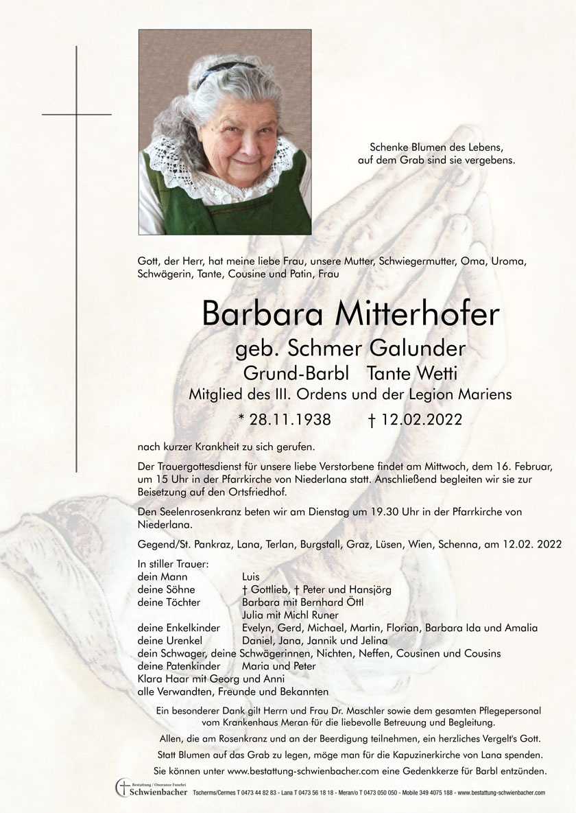 Parte: Barbara Mitterhofer geb. Schmer Galunder 