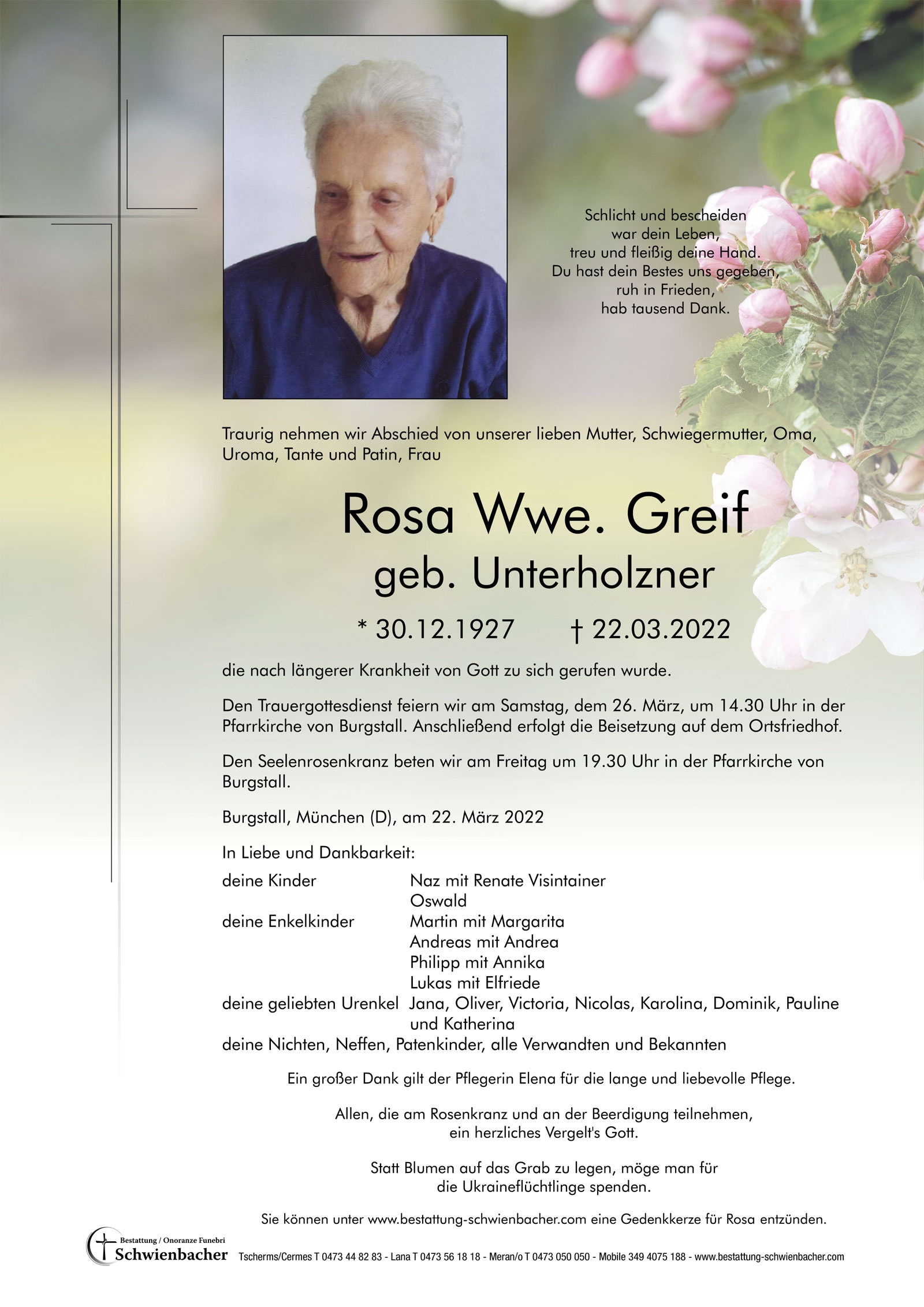 Parte: Rosa Wwe. Greif geb. Unterholzner 