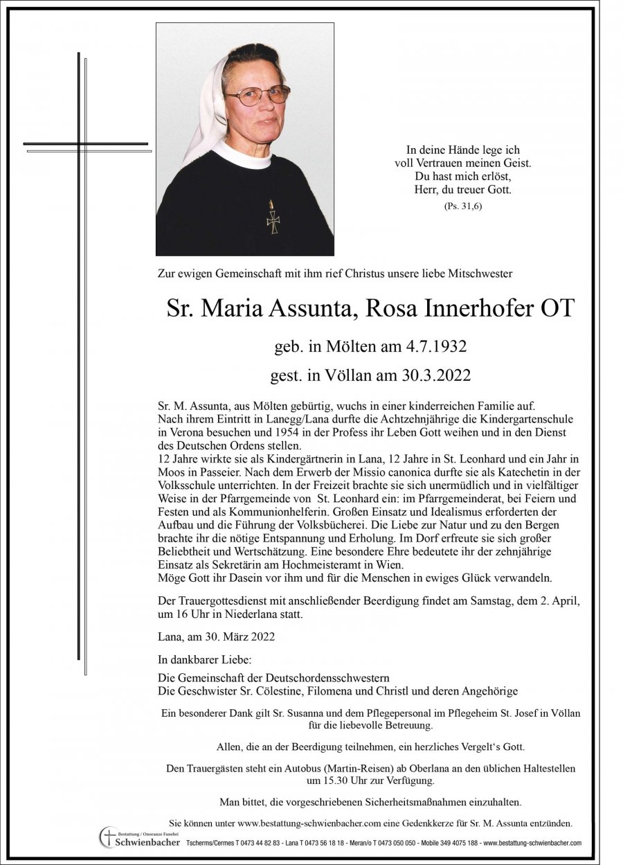 Parte: Sr. Maria Assunta, Rosa Innerhofer OT