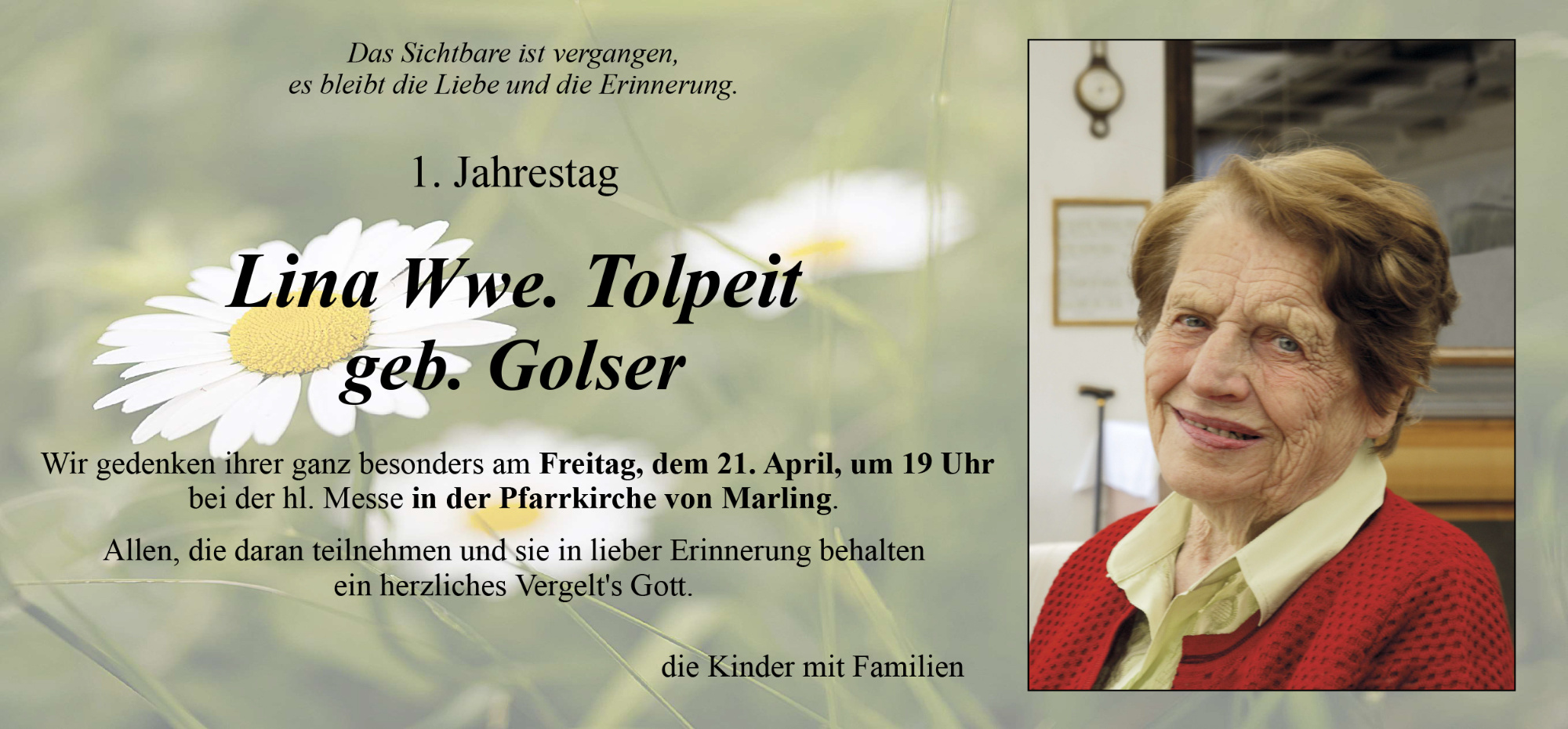 Jahrtag: Lina Wwe. Tolpeit geb. Golser