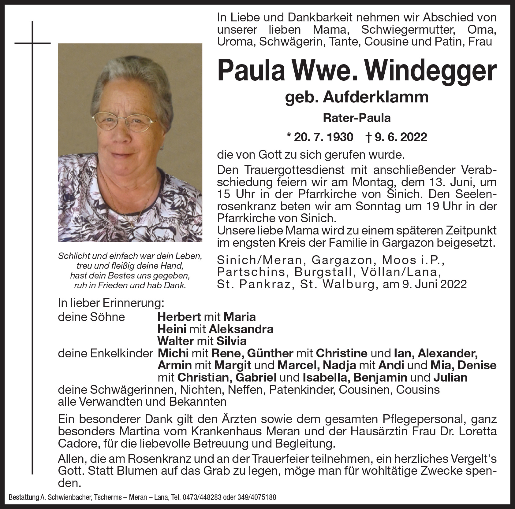 Medien: Paula Wwe. Windegger geb. Aufderklamm