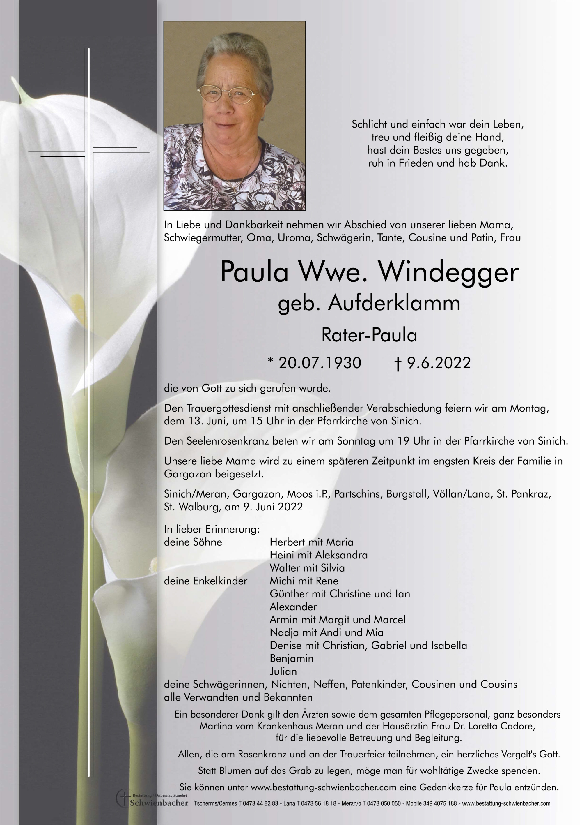 Parte: Paula Wwe. Windegger geb. Aufderklamm 