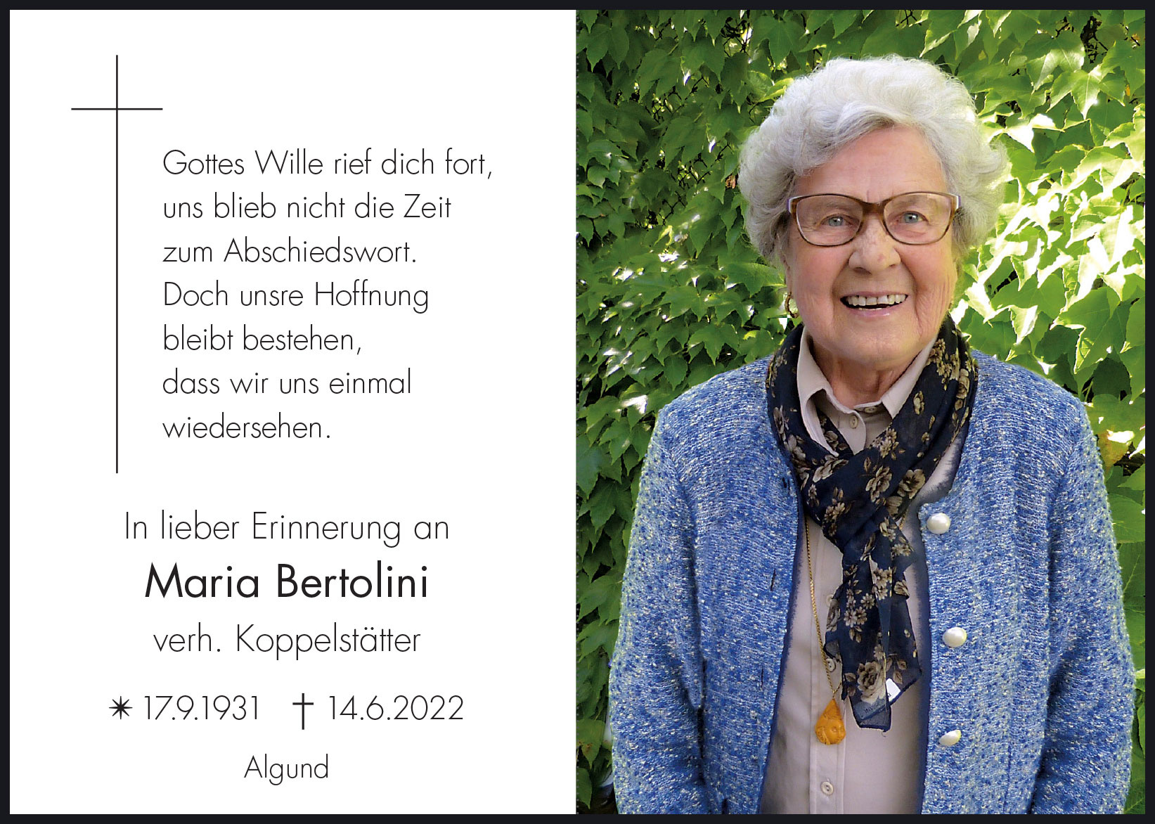 Sterbebild: Maria Koppelstätter geb. Bertolini