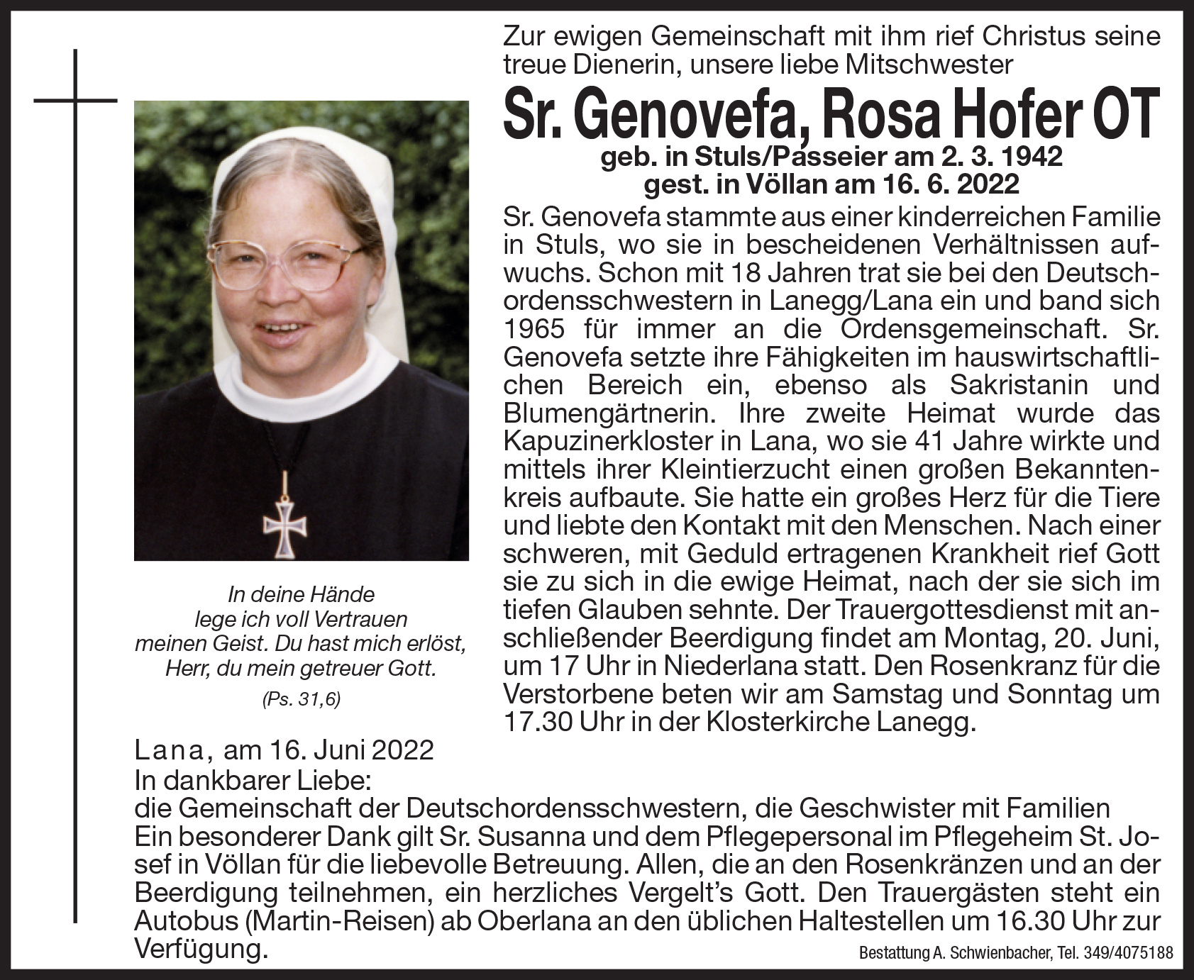 Medien: Sr. Genovefa  Rosa Hofer OT