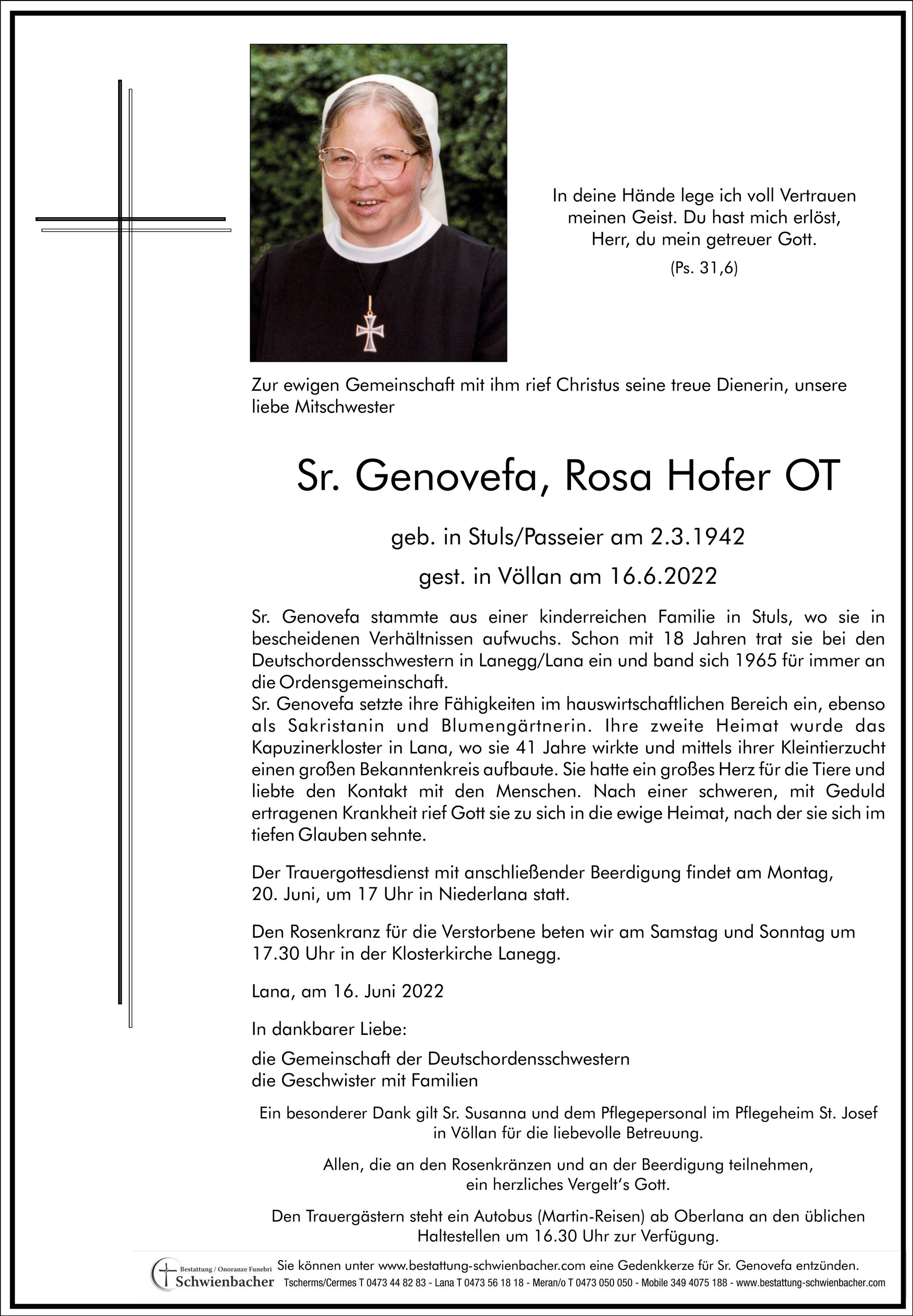 Parte: Sr. Genovefa  Rosa Hofer OT 
