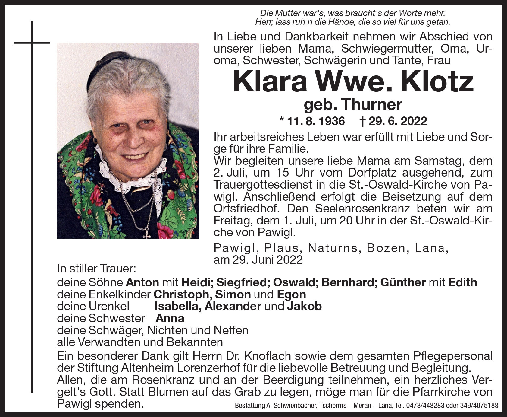 Medien: Klara Wwe. Klotz geb. Thurner