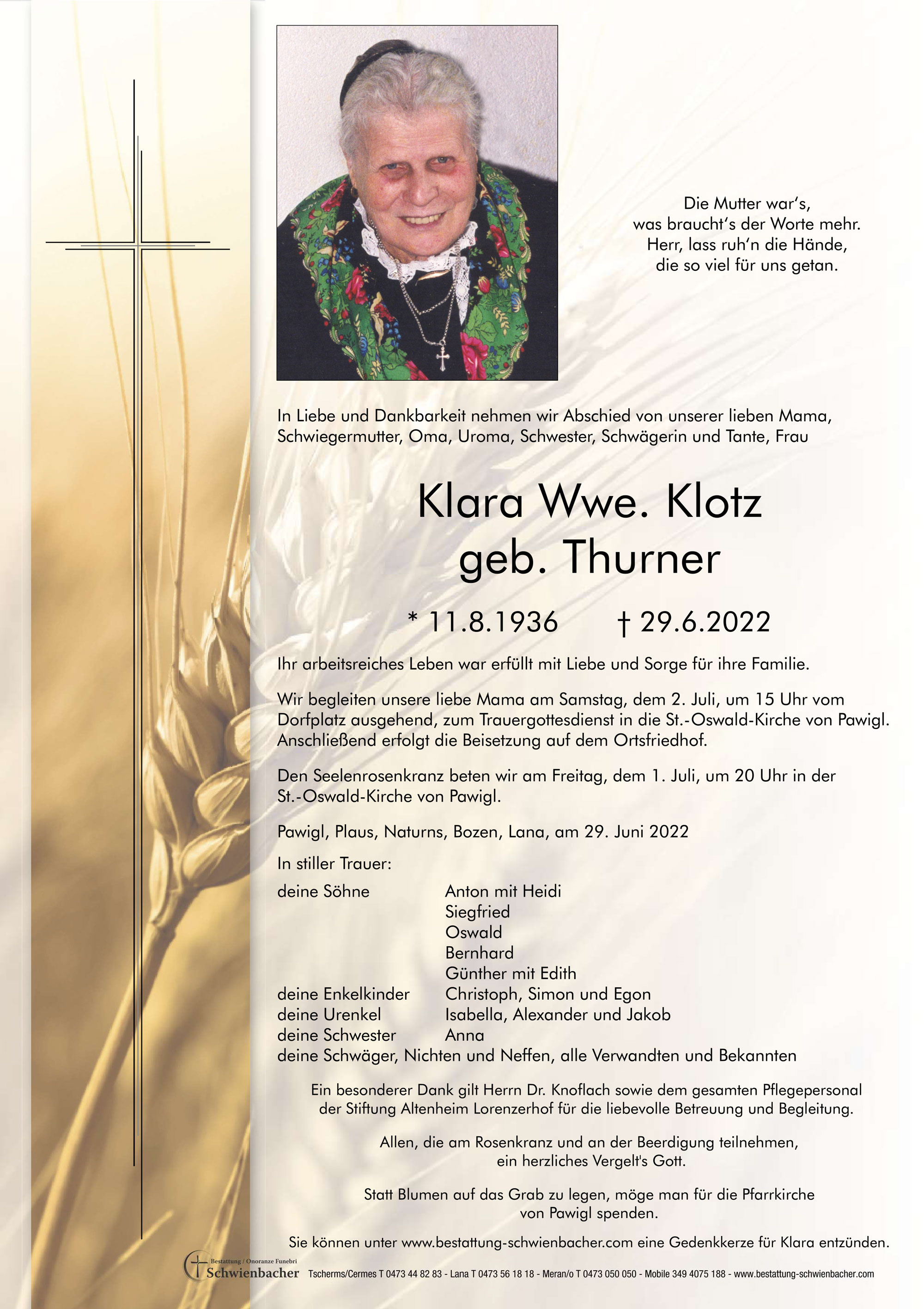 Parte: Klara Wwe. Klotz geb. Thurner 