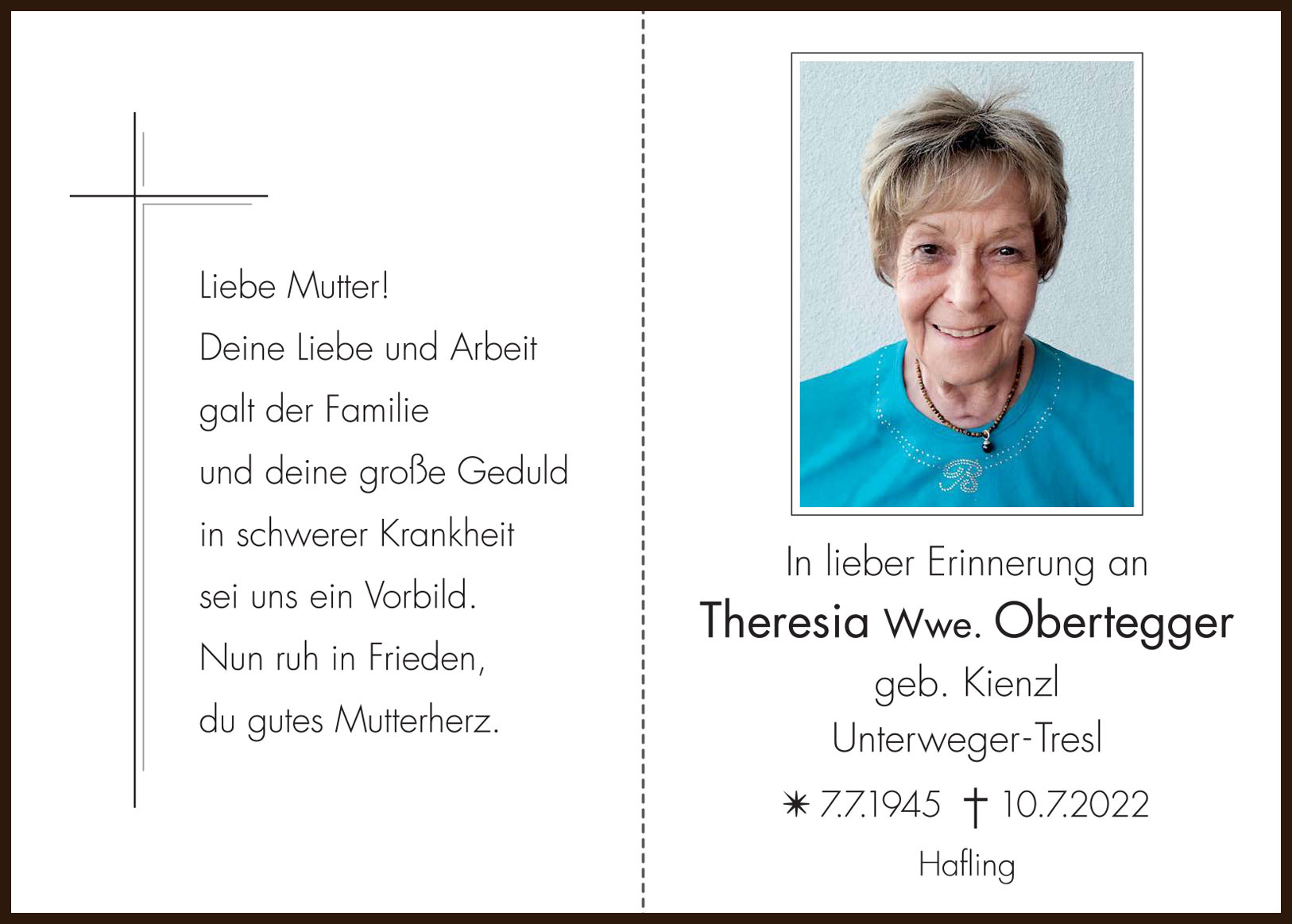 Sterbebild: Theresia Wwe. Obertegger geb. Kienzl
