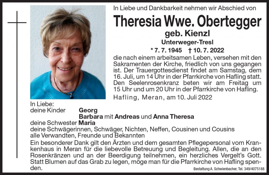 Medien: Theresia Wwe. Obertegger geb. Kienzl