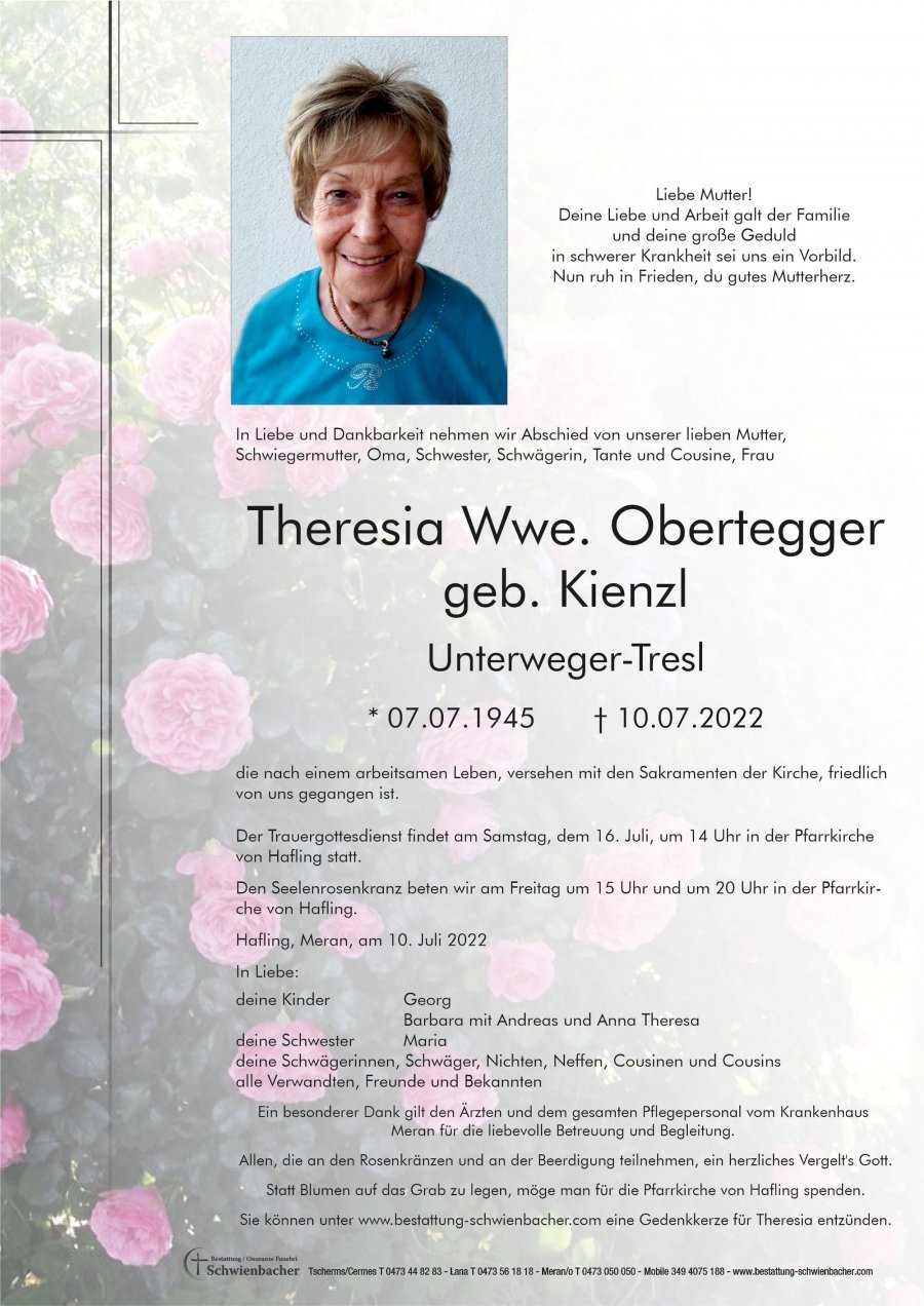 Parte: Theresia Wwe. Obertegger geb. Kienzl