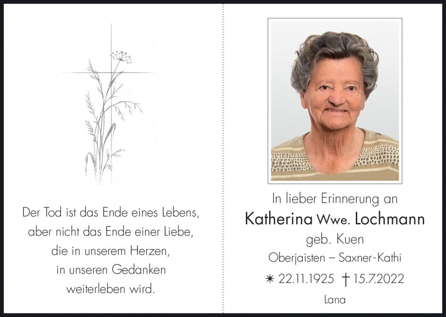 Sterbebild: Katherina Wwe. Lochmann geb. Kuen