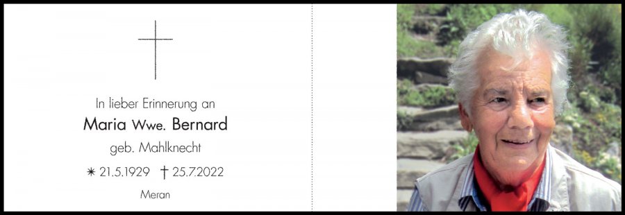 Sterbebild: Maria Wwe. Bernard geb. Mahlknecht