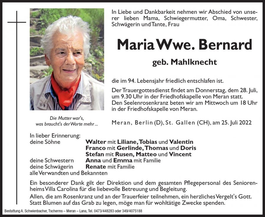 Medien: Maria Wwe. Bernard geb. Mahlknecht