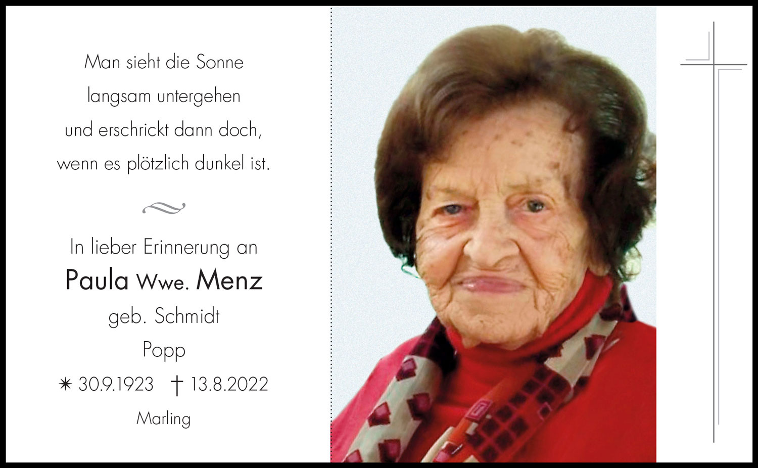 Sterbebild: Paula Wwe. Menz geb. Schmidt