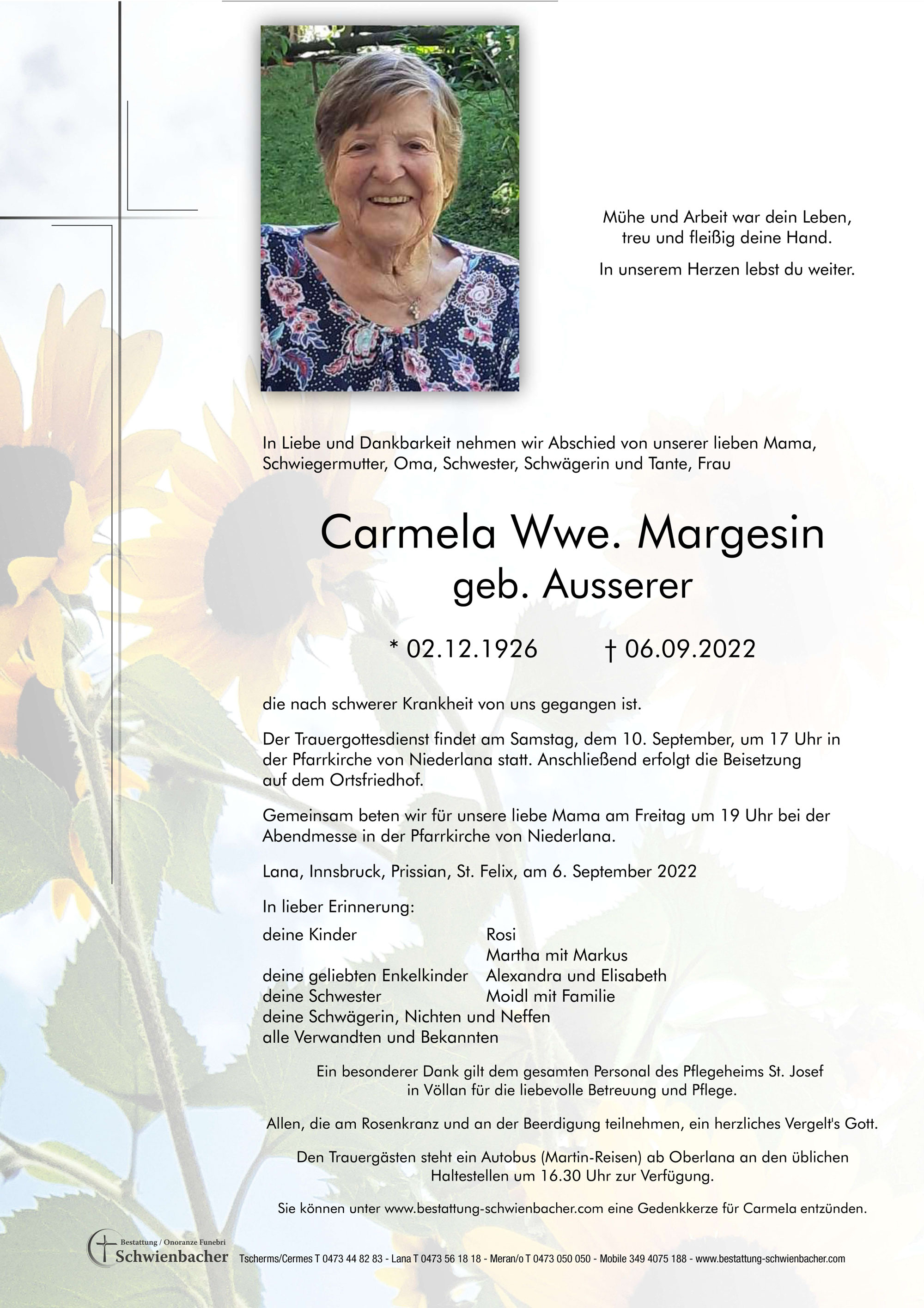 Parte: Carmela Wwe. Margesin geb. Ausserer 