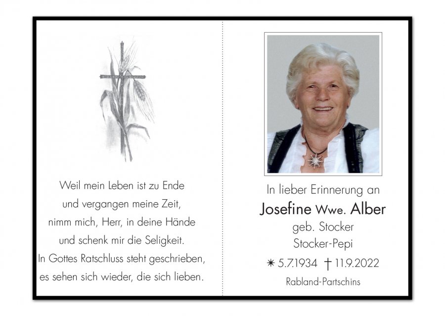 Sterbebild: Josefine Wwe. Alber geb. Stocker