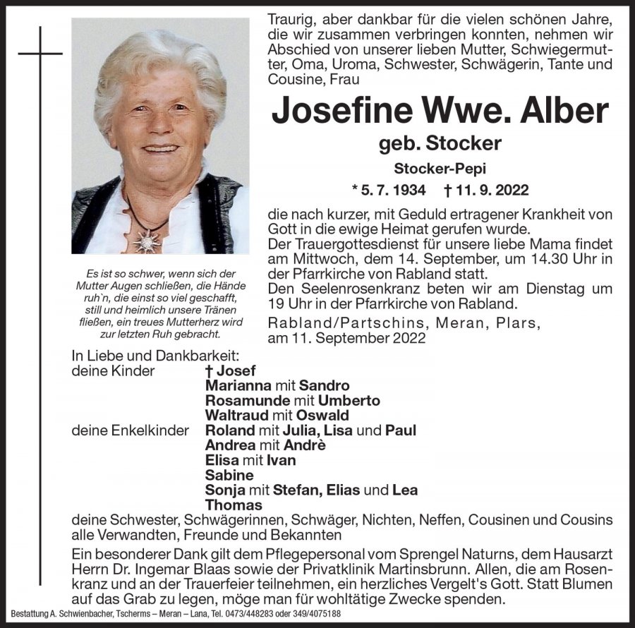 Medien: Josefine Wwe. Alber geb. Stocker